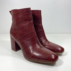Franco Sarto Tina 2 Rust Brick Red Leather Croco Embossed Zip Up Ankle Boots 9